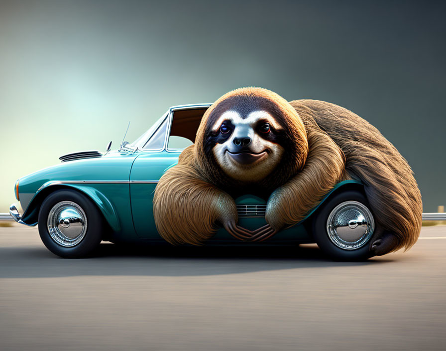 Sloth seamlessly blended with vintage car on gradient background