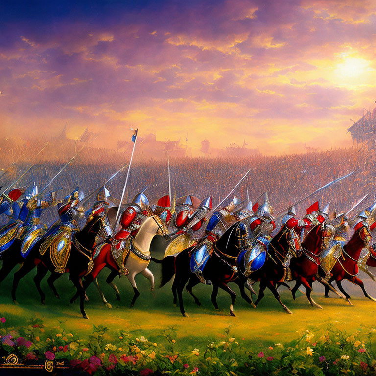 Medieval knights in colorful armor charging on horseback at sunset