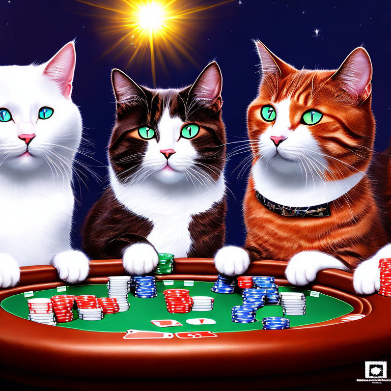 Three cartoon cats at poker table under starry sky