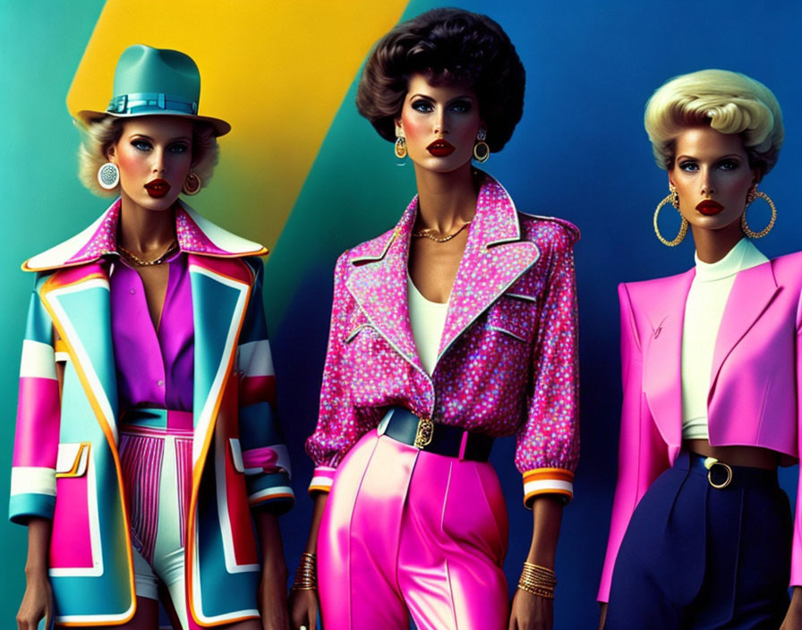 Three women in retro-styled fashion with bold makeup against colorful backdrop