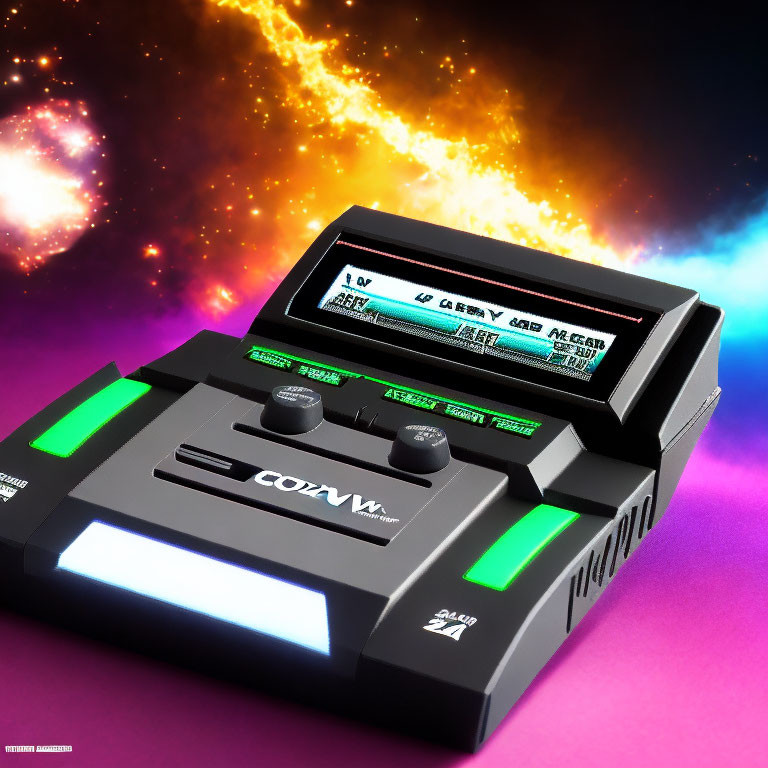 Retro-styled digital audio recorder with vibrant green lights on purple background