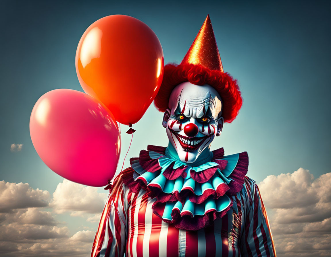 Colorful Clown Holding Balloons Under Cloudy Sky