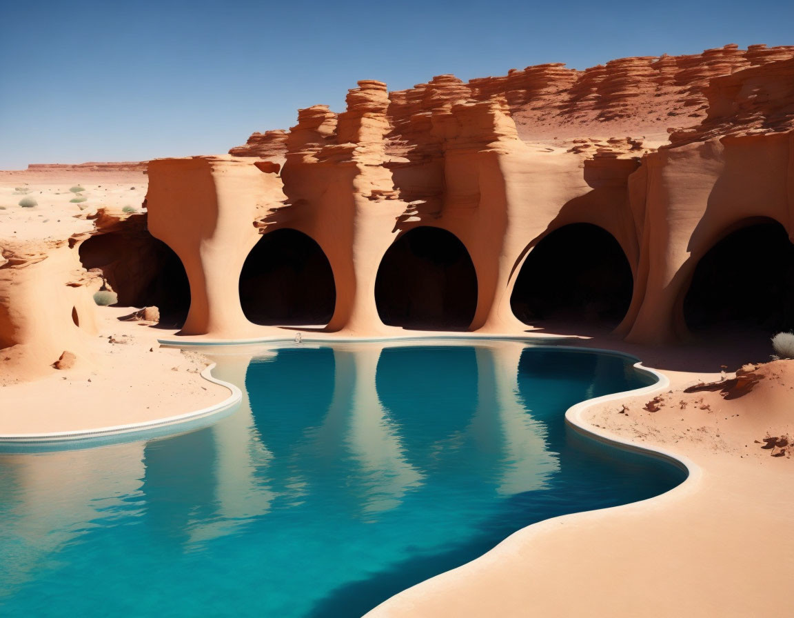 Desert Oasis with Turquoise Waters and Sandstone Arches