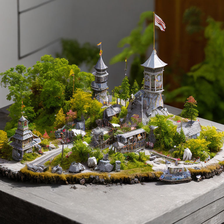 Miniature fantasy castle model with lush greenery and American flag