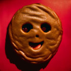 Smiling Face-Shaped Cookie on Red Background with Cut-Out Features