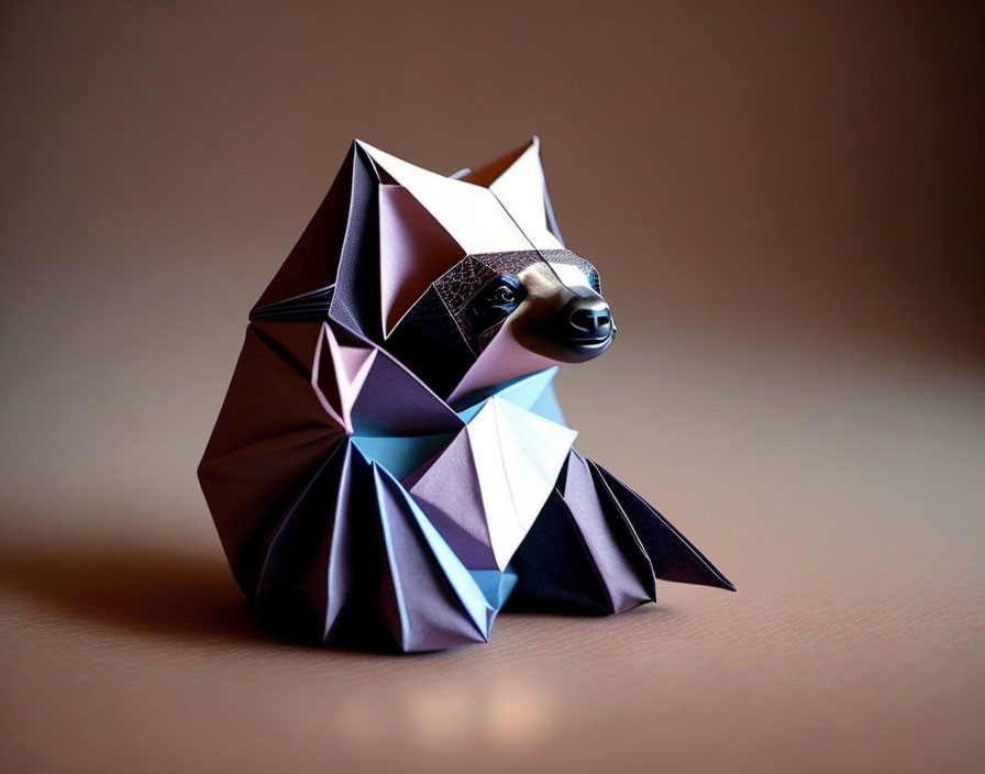 Colorful Origami Raccoon Sculpture with Geometric Shapes and Realistic Face