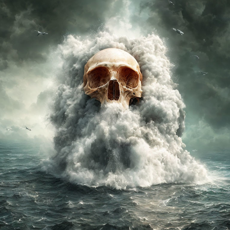 Surreal human skull in turbulent sea under stormy sky