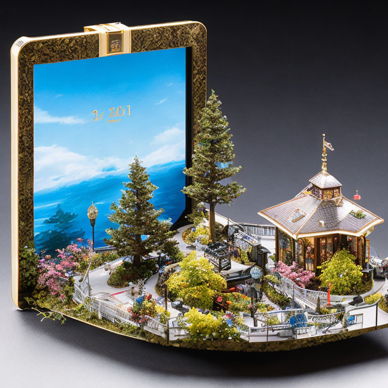 Gold-trimmed frame showcasing miniature scene with trees, gazebo, and digital clock.