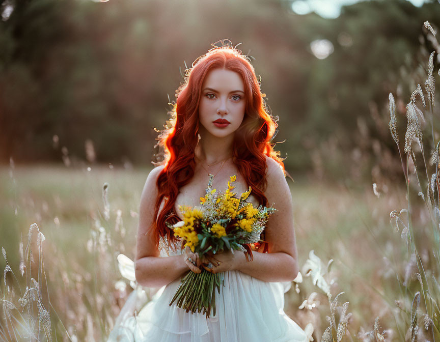 Red-Haired Woman Holding Yellow Flower Bouquet in Sunlit Field