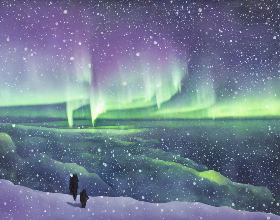 Solitary Figure Admiring Aurora Borealis on Snowy Hill