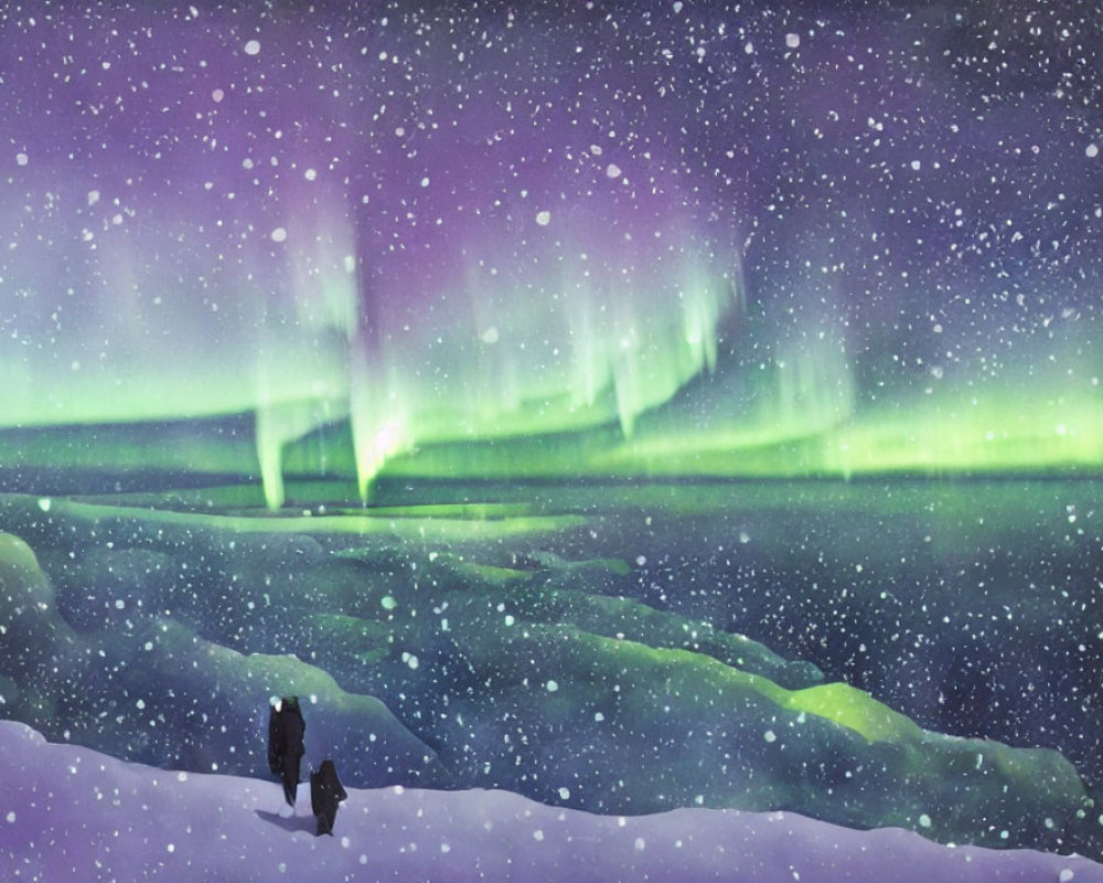 Solitary Figure Admiring Aurora Borealis on Snowy Hill