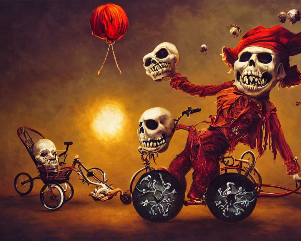 Surreal artwork: Skeleton in pirate attire juggling skulls on a bike, with stroller skeleton