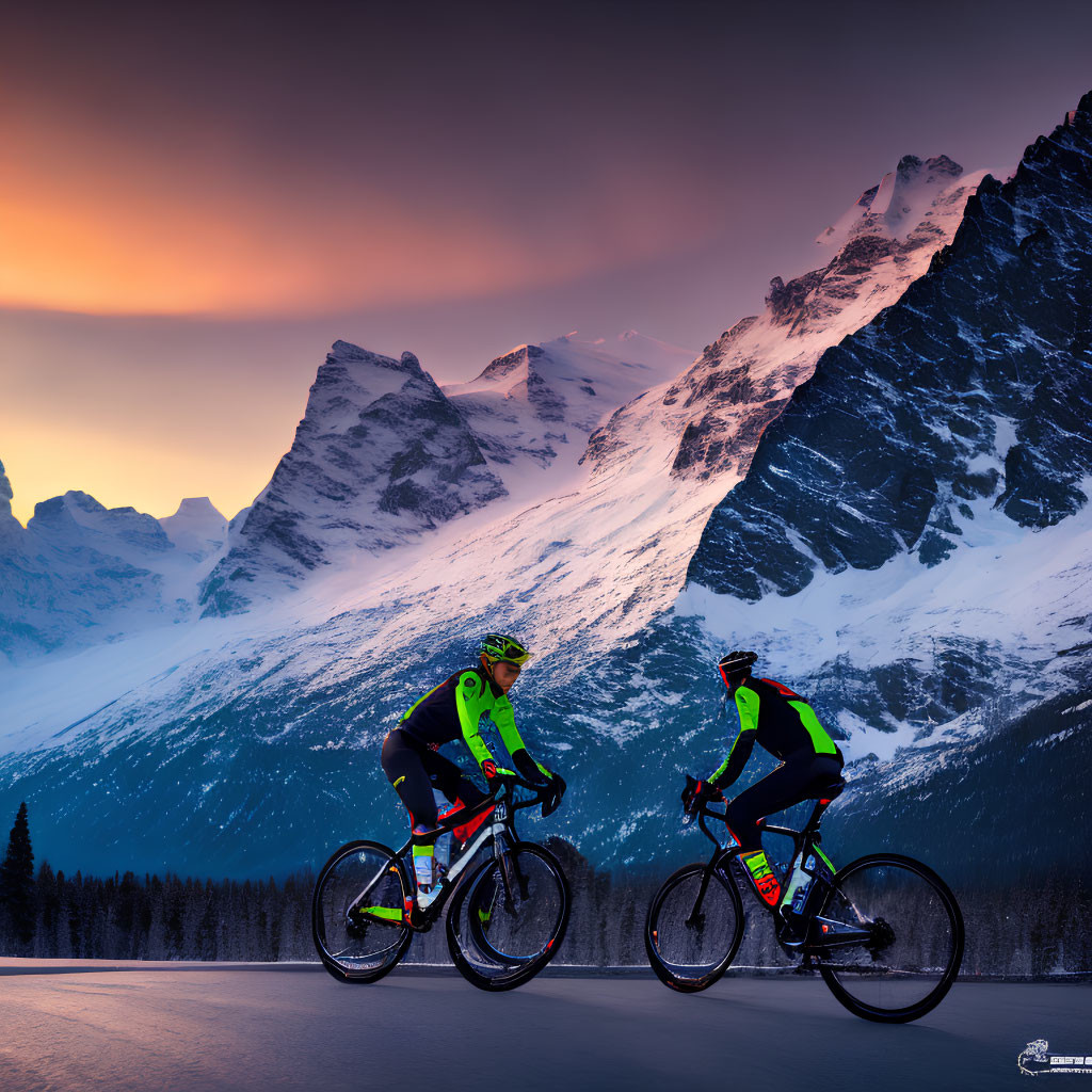 Snowy Road: Cyclists Amid Twilight, Snowy Mountains, Orange Sky