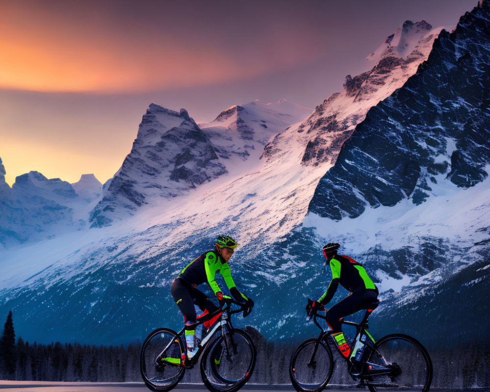 Snowy Road: Cyclists Amid Twilight, Snowy Mountains, Orange Sky