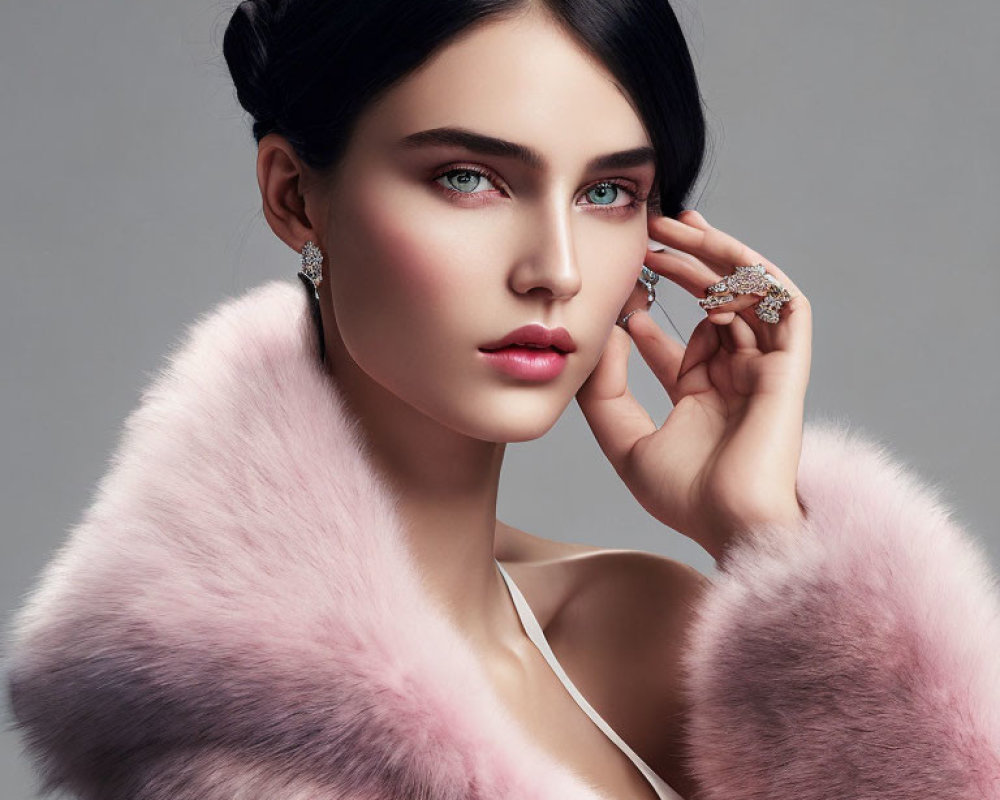 Woman with Blue Eyes and Dark Hair in Elegant Attire and Jewelry