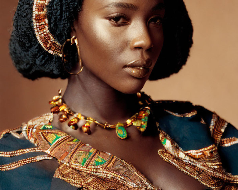 Dark-skinned woman in hoop earrings and colorful attire gazes sideways