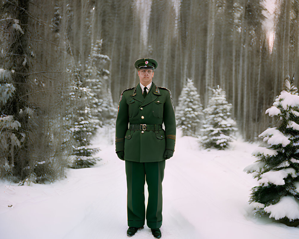 Person in Green Uniform on Snow-Covered Path with Trees