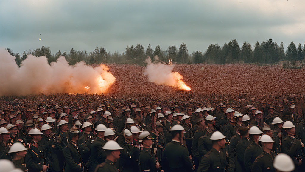 Group of uniformed soldiers marching past explosions and smoke in military setting