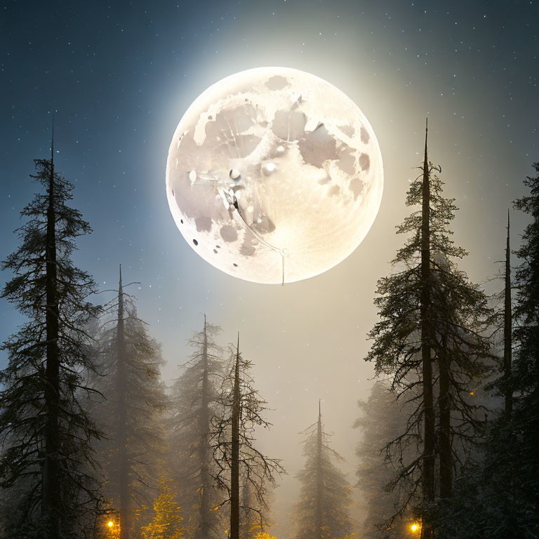 Surreal snowy forest with oversized moon and lantern-lit path