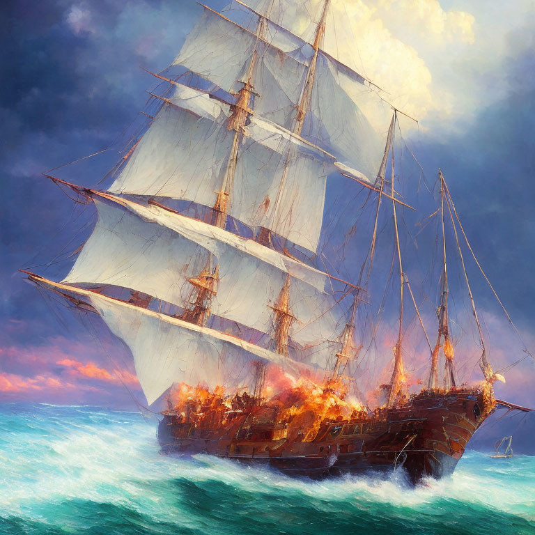 Burning sailing ship in turbulent sea under dramatic sky