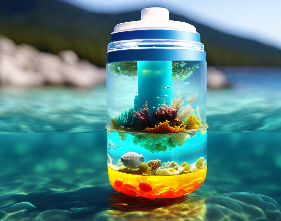 Unique Water Bottle Design with Miniature Ecosystem and Cityscape Underwater