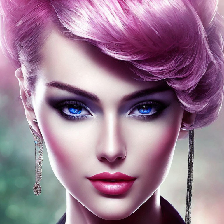 Vibrant pink hair woman with bold makeup and blue eyes