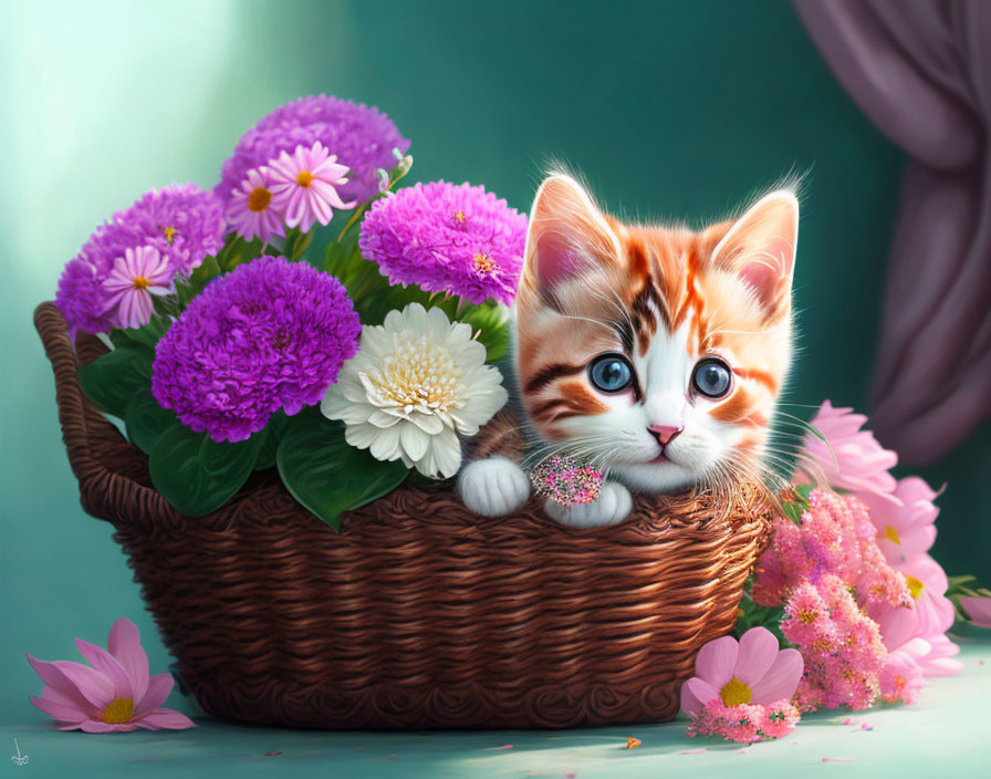 Orange and White Kitten in Basket with Colorful Flowers on Blue Background