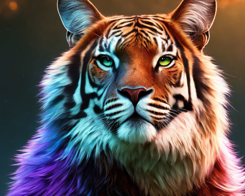 Colorful Tiger Illustration with Blue, Purple, Orange Fur & Green Eyes