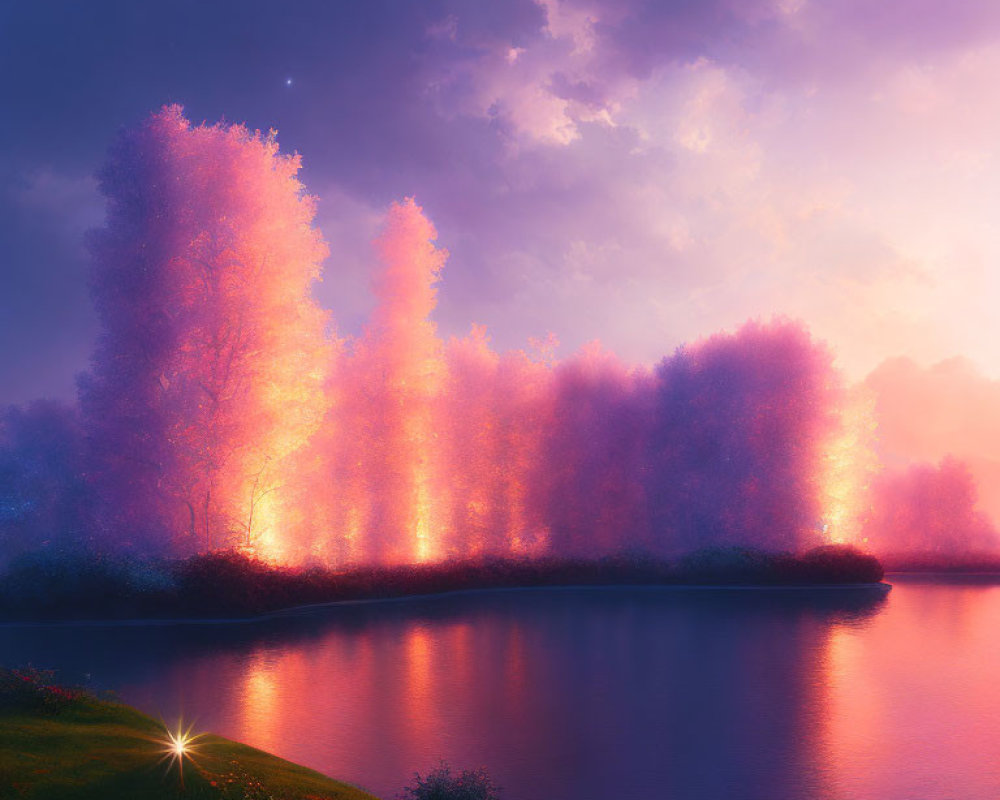 Ethereal pink and purple trees by serene lake at dusk