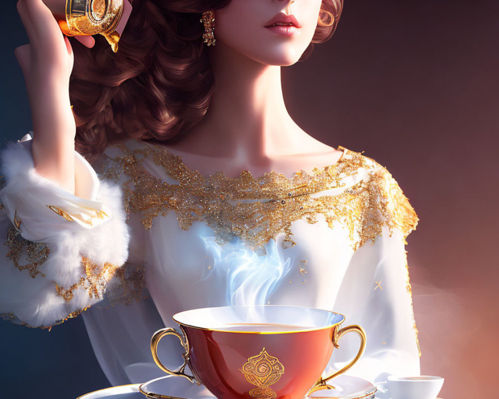 Illustrated woman in elegant dress pouring tea from ornate teapot on moody background