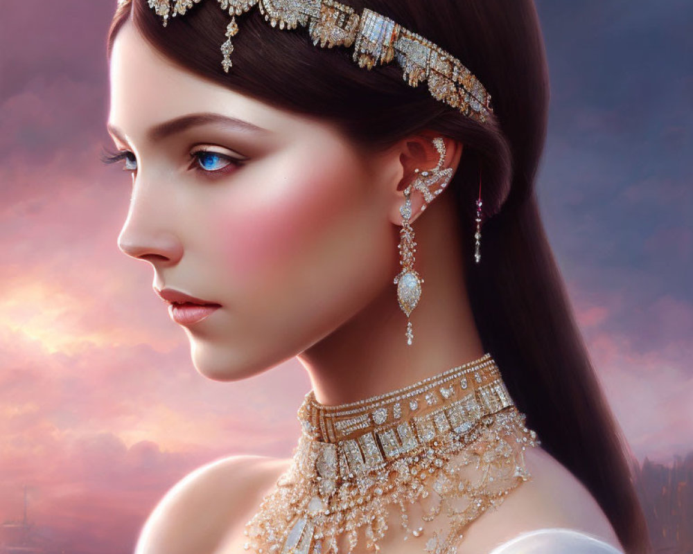 Illustration of woman with blue eyes, ornate jewelry, and tiara on soft backdrop