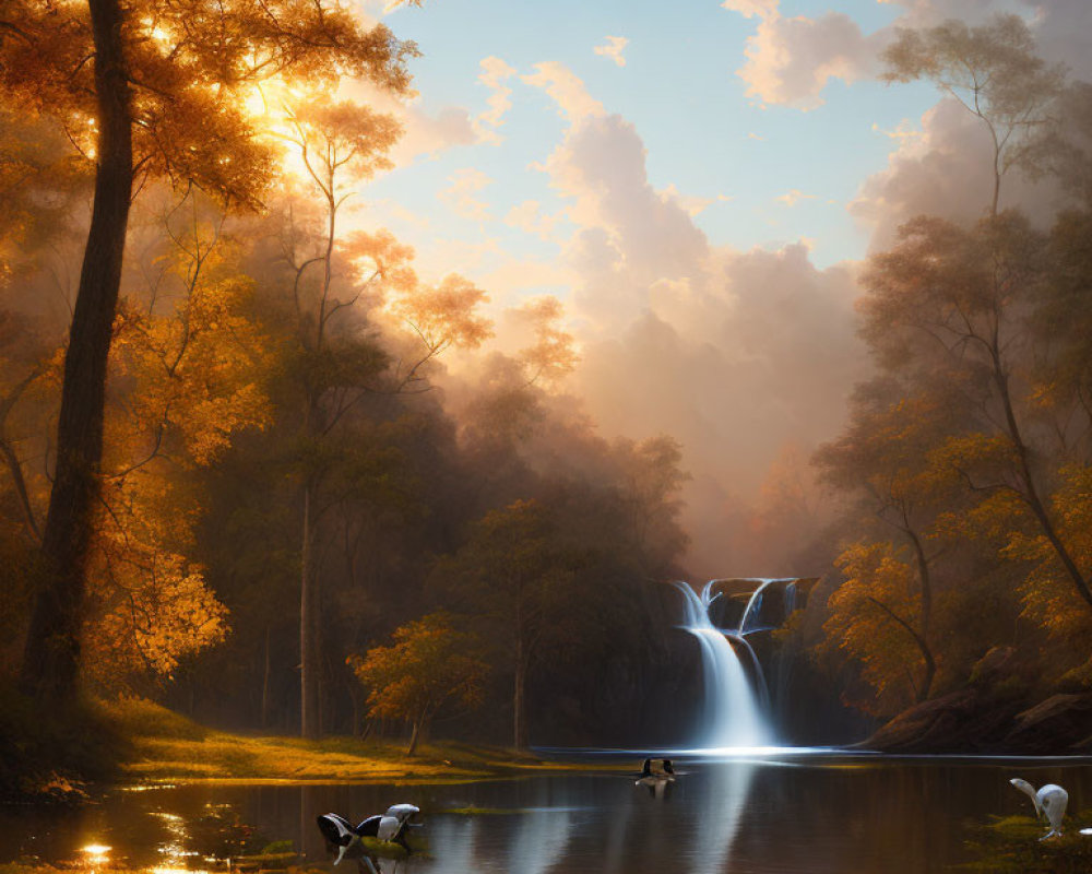 Tranquil riverscape at sunset with waterfall, autumn trees, and birds in warm light