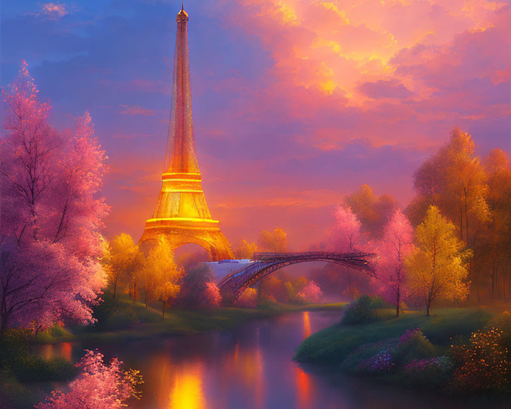 Vivid Eiffel Tower Twilight Scene with Cherry Blossoms