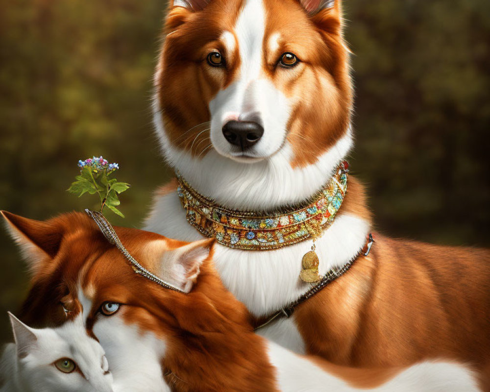 Brown and White Majestic Dog Portrait with Jeweled Collar and White Cat in Serene Setting