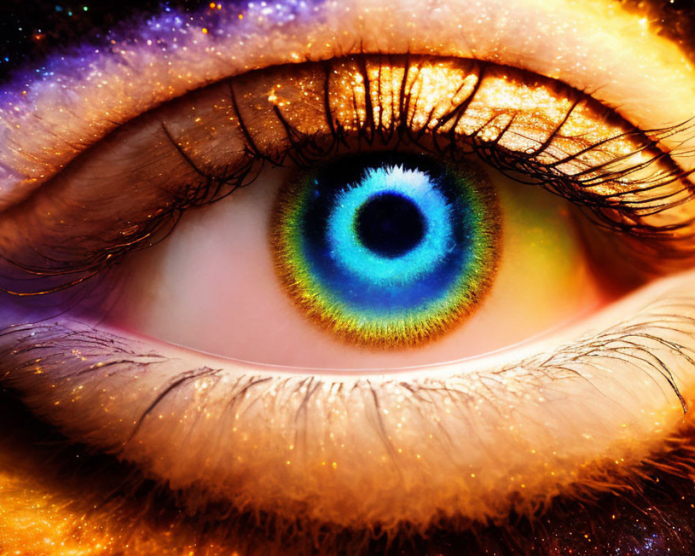 Close-up of vibrant blue and green human eye with starry cosmos reflection