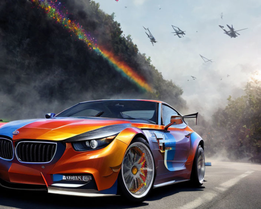 Vibrant sports car racing with jets and rainbow smoke trails