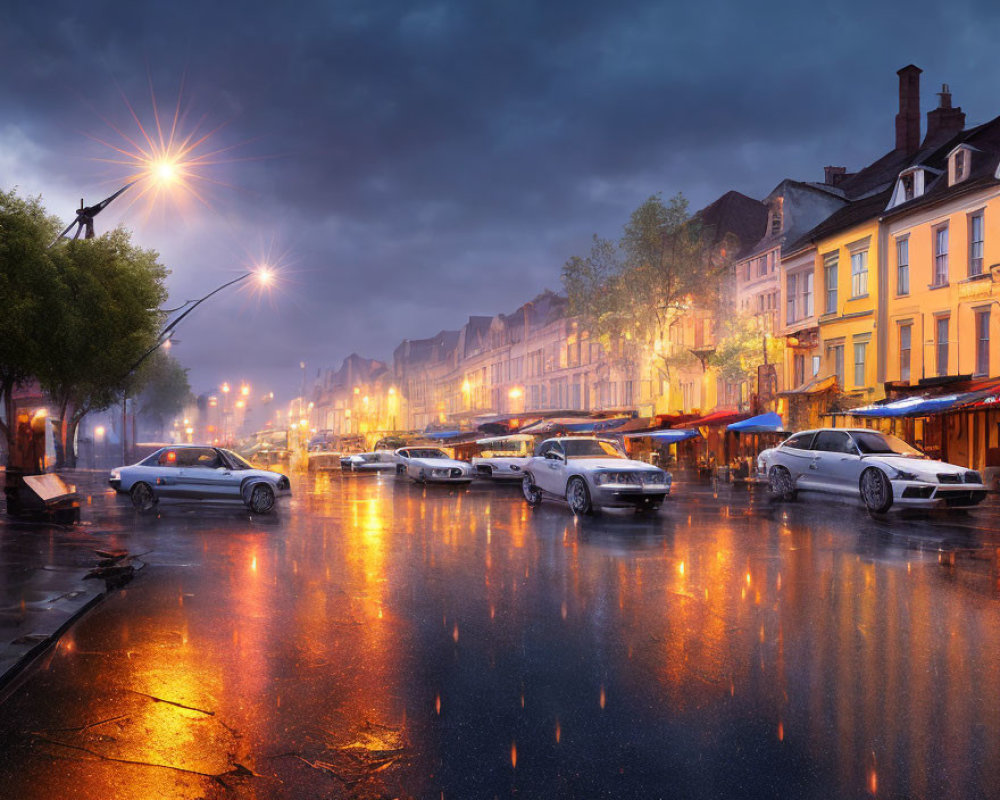 Twilight rain-soaked street with reflections, streetlamps, parked cars, and buildings