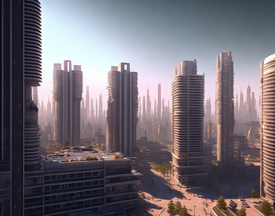 Futuristic cityscape with tall, curved skyscrapers in warm sunlight