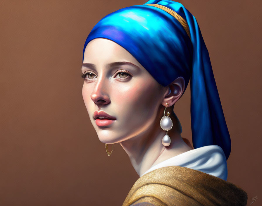 Portrait of a woman with blue headscarf and pearl earring