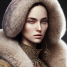 Striking blue-eyed woman in luxurious attire and fur hood on dark background