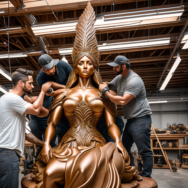 Men crafting bronze statue of woman with feathered headdress