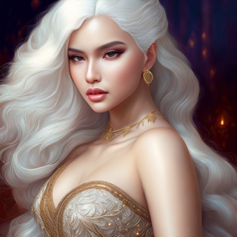 Digital artwork of woman with voluminous white hair, striking makeup, gold jewelry, and golden outfit portraying