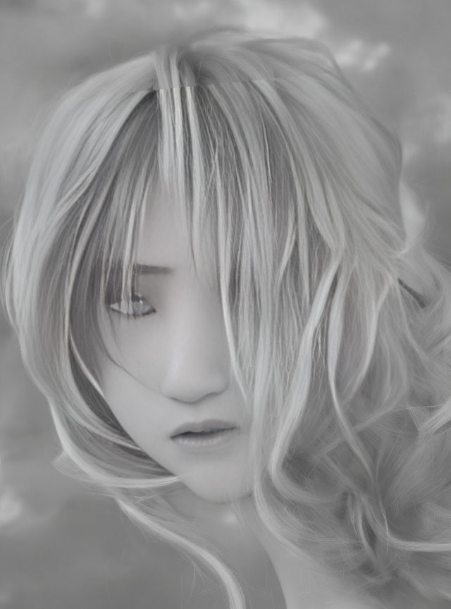 Monochrome portrait of a person with long, wavy hair in front of cloudy backdrop