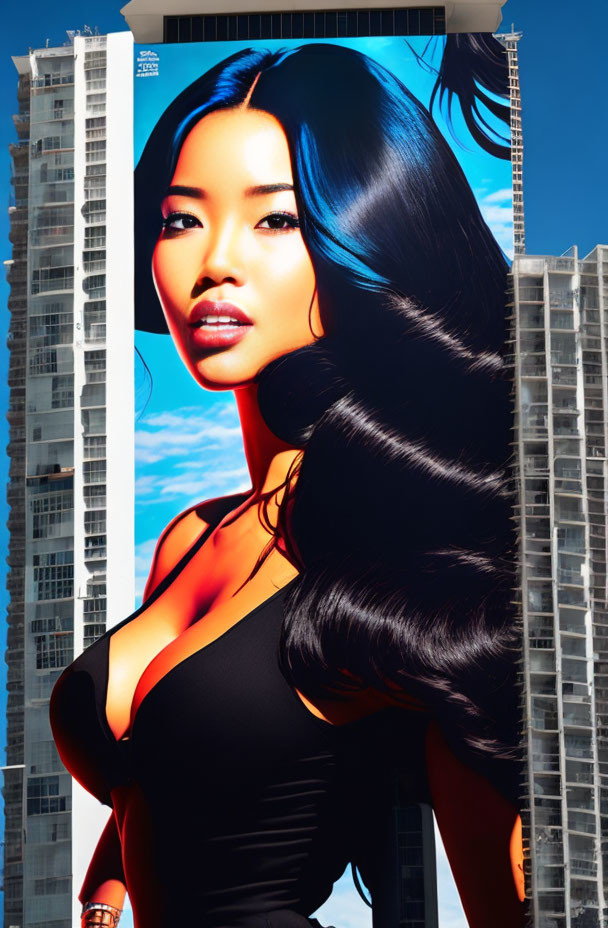 Tall billboard with woman in black top between skyscrapers