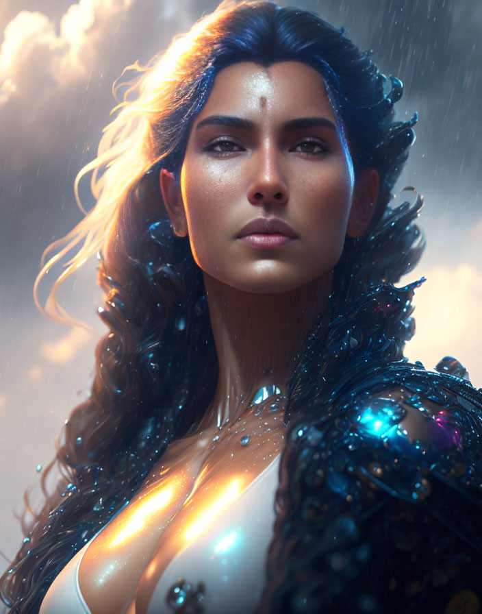 Bronzed woman with wavy hair in blue armor against cloudy backdrop