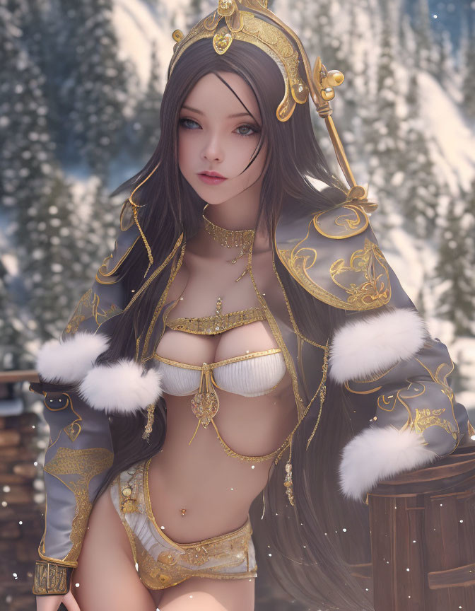 Digital Artwork: Female Character in Gold & White Costume in Snowy Landscape