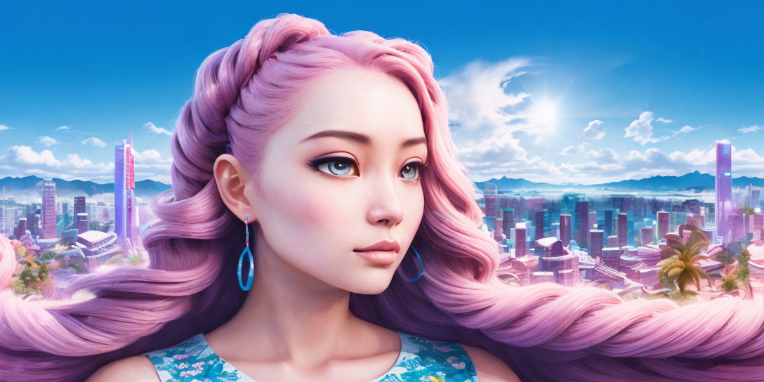 Pink-haired woman in digital art against futuristic city backdrop