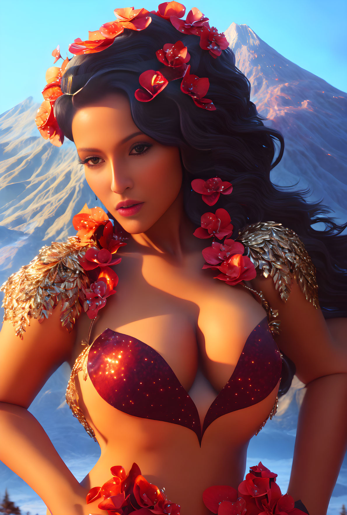 Digital artwork of woman with floral and feather adornments against snowy mountain.