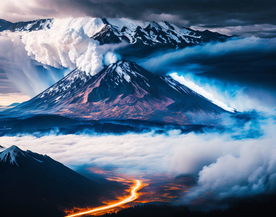 Volcanic landscape with lava flow, snow-capped peaks, and swirling clouds