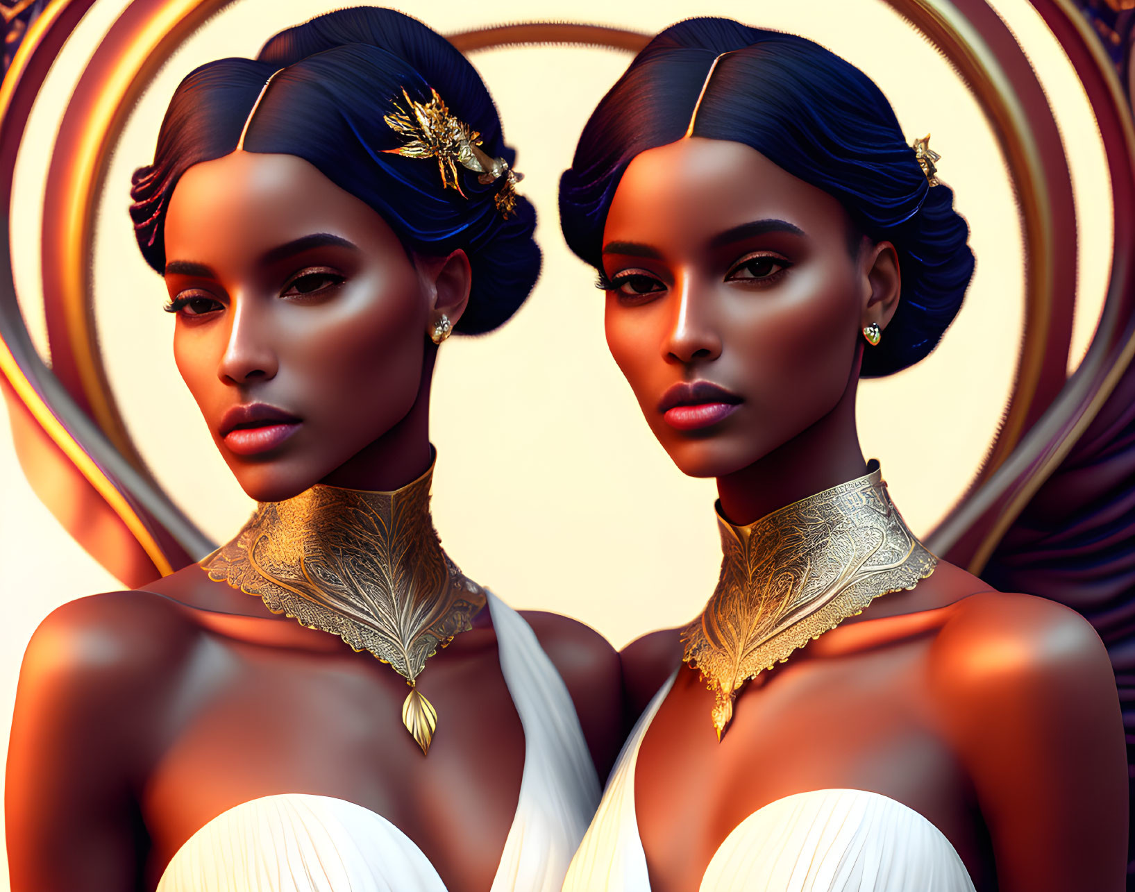 Symmetrical twin women digital art with gold jewelry on circular pattern background